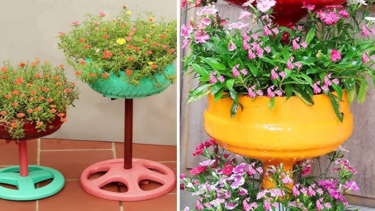 Recycling Old Tires into Colorful Flower Pots for Your Small Garden