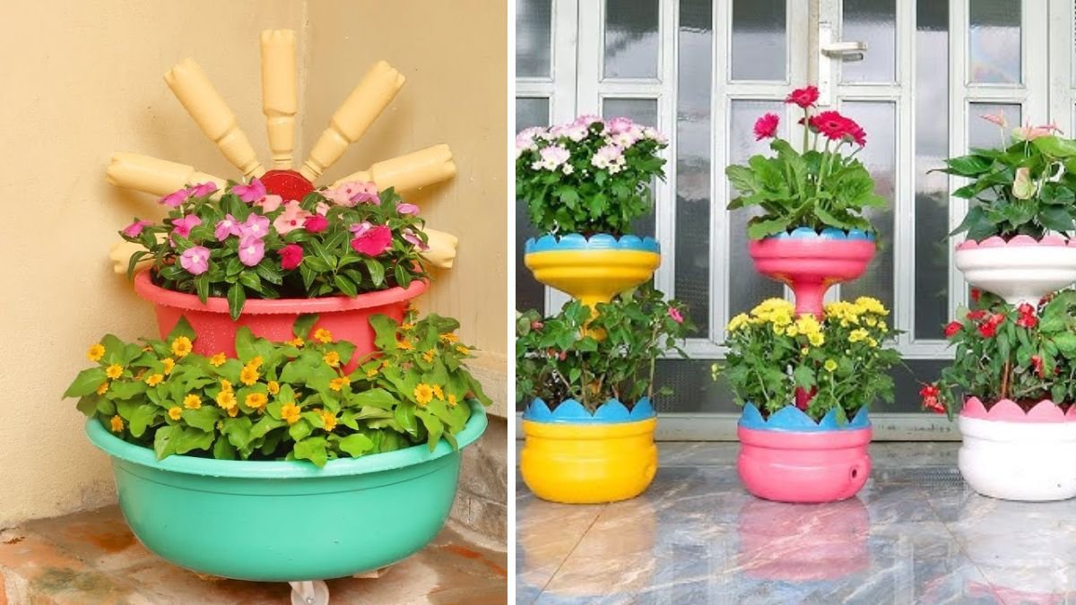 Brilliant Ideas: Recycling Plastic Wash Basin into Flower Tower Pots Using